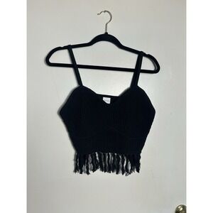 Wild Fable Black Knit Fringe Crop Top XL Boho Festival Crochet Style Tank Cami